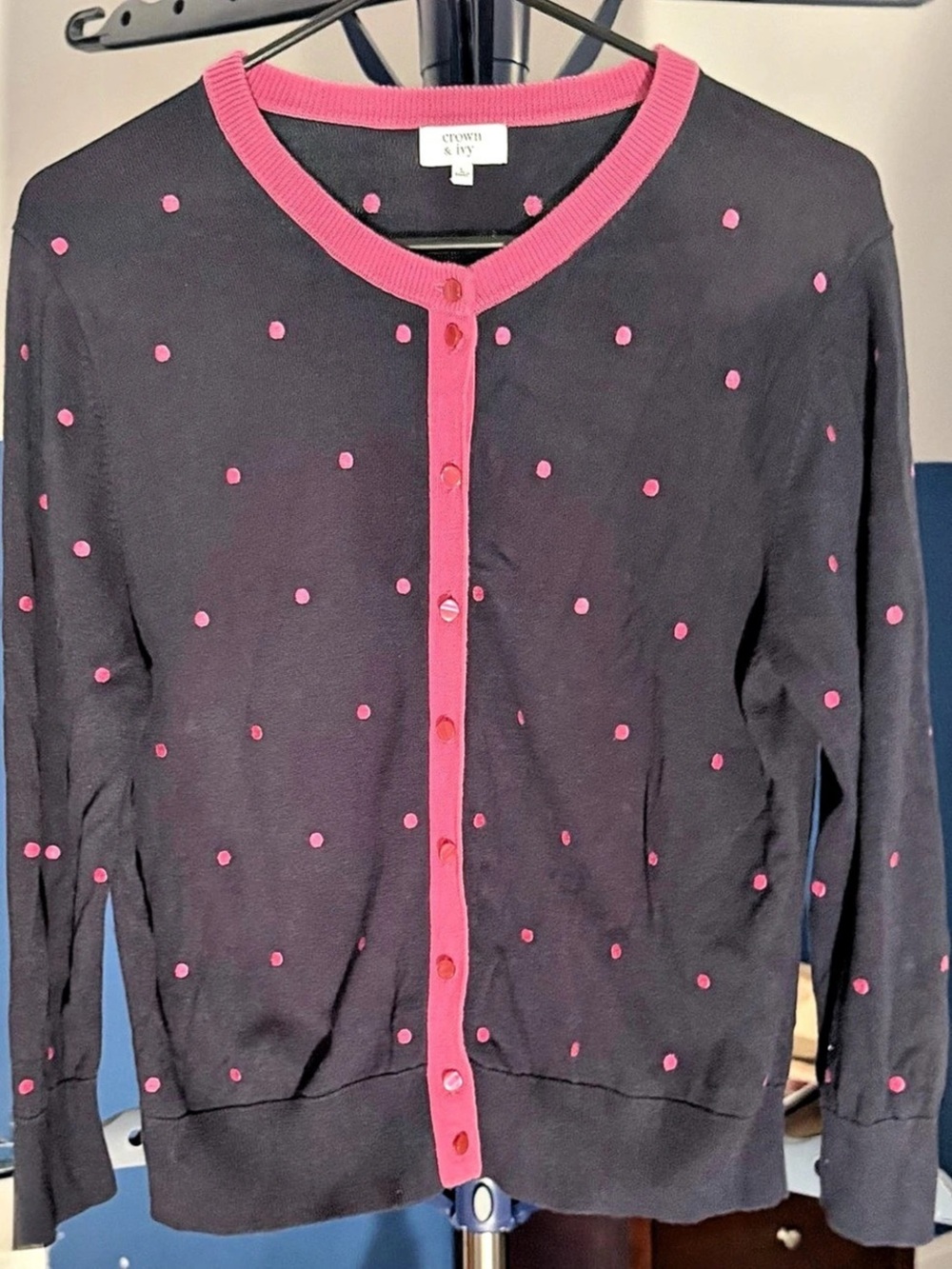 Crown & Ivy Women’s Cardigan L Navy Pink Polka Dot Button Front Preppy Cotton